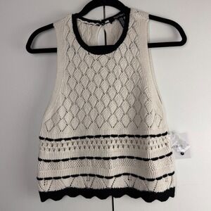 Ellen Tracy Womens Pointelle Knit Sleeveless Top‎ Marshmallow Black ETKS5039 XS